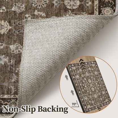 Tangsoo 3x5 Brown Washable Rug, Vintage Throw Entryway Rugs Non Slip, Soft Low Pile Floor Rug Floral Indoor Area Rugs Carpet for Living Room Bedroom Office Laundry Bedside Entry Entryway Farmhouse