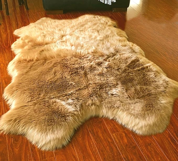 Free Shape Luxury Soft Fluffy Shag Area Rug Single Quarto 4 Pelts 4'x6',120x180 cm - Vegan Fur Ultra Soft Indoor Carpet Nursery Rugs for Bedroom Home Decor, Camel