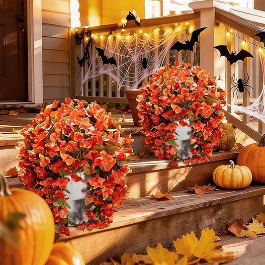 Bougainvillea Artificial Flowers Plants for Outdoors Outside Fall Autumn Decor, 2 pcs Faux Silk Long Trailing Vines UV Resistant Look Real Orange Fake Flowers for Front Door Porch Planter Urn Patio