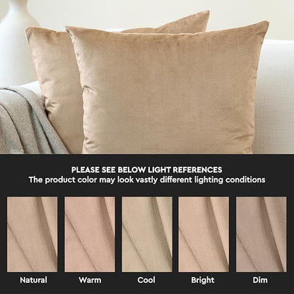 Encasa XO Velvet Throw Pillow Covers 16x16 in (40x40 cm) - Beige - No Inserts, Pack of 2 Cases | Solid Plain Dyed Soft & Smooth, Square Decorative Cushion Covers for Living & Bedroom