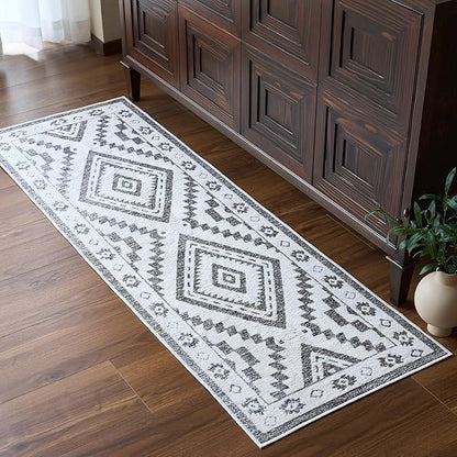 Moroccan Washable Runner Rug 2x6, Geometric Woven Area Rug, Farmhouse Boho Accent Hallway Runner Rug, Non-Slip Soft Low Pile Throw Mat for Bedroom Living Room Kitchen, Olive Green/White