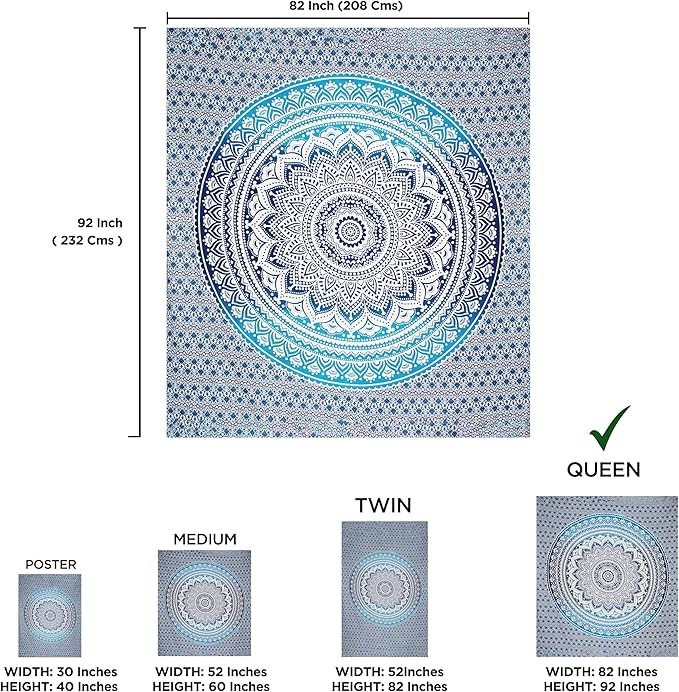 raajsee Large Blue Ombre Mandala Tapestry Wall Hanging,Indian Cotton Beach Throw Blanket Hippie Bohemian Elephant Queen Boho Décor,Meditation Yoga Mat Rugs,82x92 inches