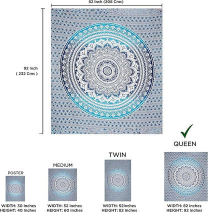 raajsee Large Blue Ombre Mandala Tapestry Wall Hanging,Indian Cotton Beach Throw Blanket Hippie Bohemian Elephant Queen Boho Décor,Meditation Yoga Mat Rugs,82x92 inches