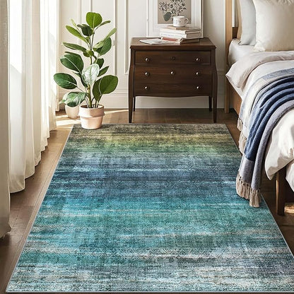 Kokia Abstract Washable Area Rug Living Room Washable 4x6 Non-Slip Stain Resistant Bohemian Rug Soft Indoor Vibrant Blue Carpet for Bedroom Room Decor, Oslo Teal