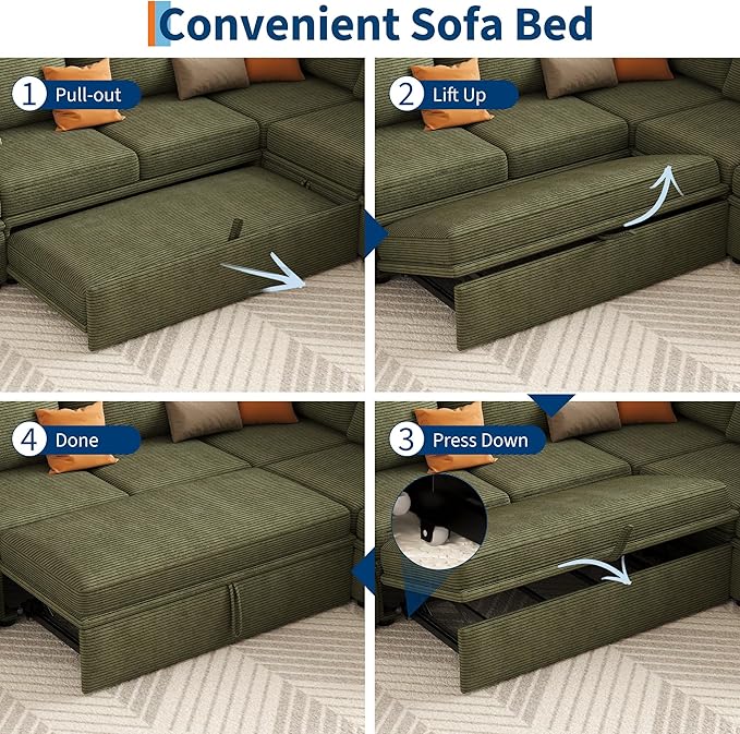 GarveeHome Sectional Sleeper Sofa with Pull Out Bed, Corduroy Modular Sectional Sofa U Shaped 7 Seat Couch with Pull Out Couch and Storage Seat & Ottoman, Convertible Couches for Living Room