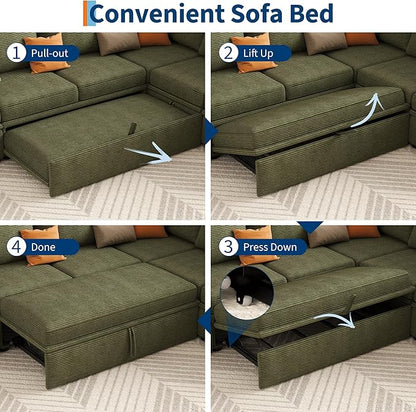 GarveeHome Sectional Sleeper Sofa with Pull Out Bed, Corduroy Modular Sectional Sofa U Shaped 7 Seat Couch with Pull Out Couch and Storage Seat & Ottoman, Convertible Couches for Living Room