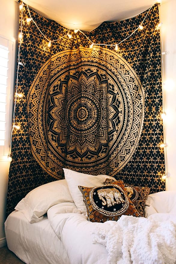 Rajsee Black Gold Mandala Tapestry for Bedroom - Aesthetic Indie Boho Trippy Wall Hanging 82x92 Inches