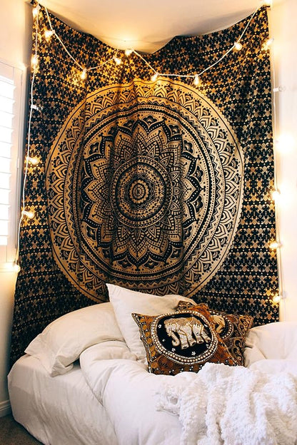 Rajsee Black Gold Mandala Tapestry for Bedroom - Aesthetic Indie Boho Trippy Wall Hanging 82x92 Inches