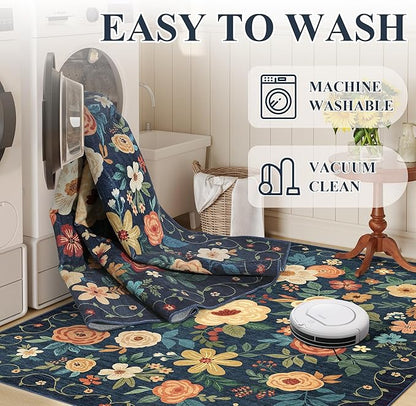 DUKINO 6x9 Area Rug, Floral Rugs for Living Room, Lightweight Non Slip Washable Rug, Indoor Low Pile & Non-Shedding Boho Design Rugs for Bedroom, Living Room, Dining Room, Dark Blue