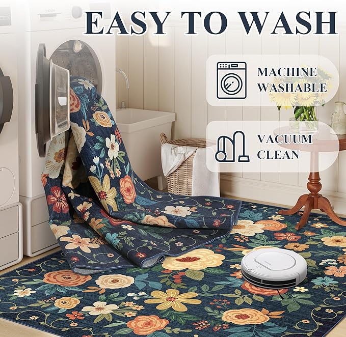 DUKINO 8x10 Area Rug, Floral Rugs for Living Room, Lightweight Non Slip Washable Rug, Indoor Low Pile & Non-Shedding Boho Design Rugs for Bedroom, Living Room, Dining Room, Dark Blue