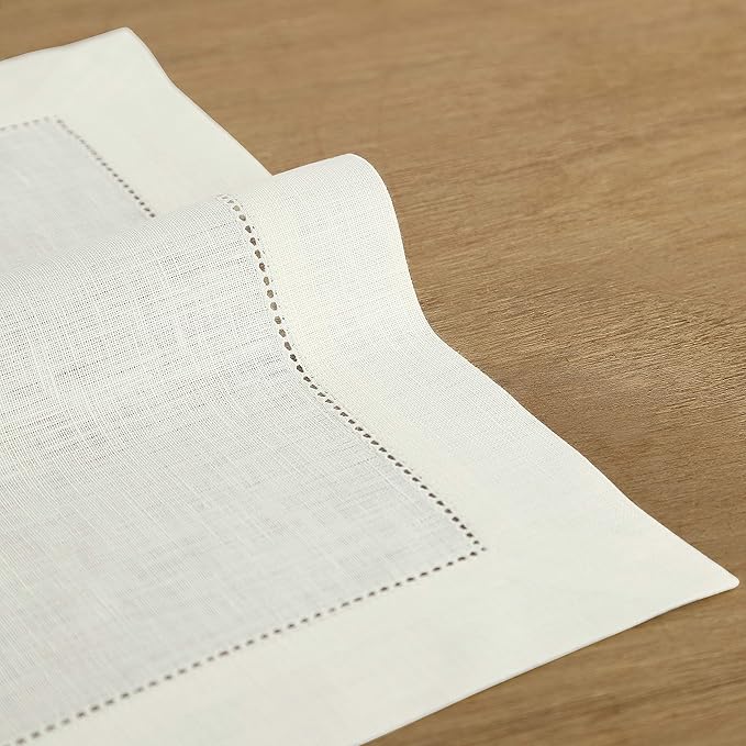 Solino Home Ivory Linen Napkins Set of 6-100% Pure Linen Hemstitch Dinner Napkins 20 x 20 Inch for Holiday, New Year - Classic Hemstitch