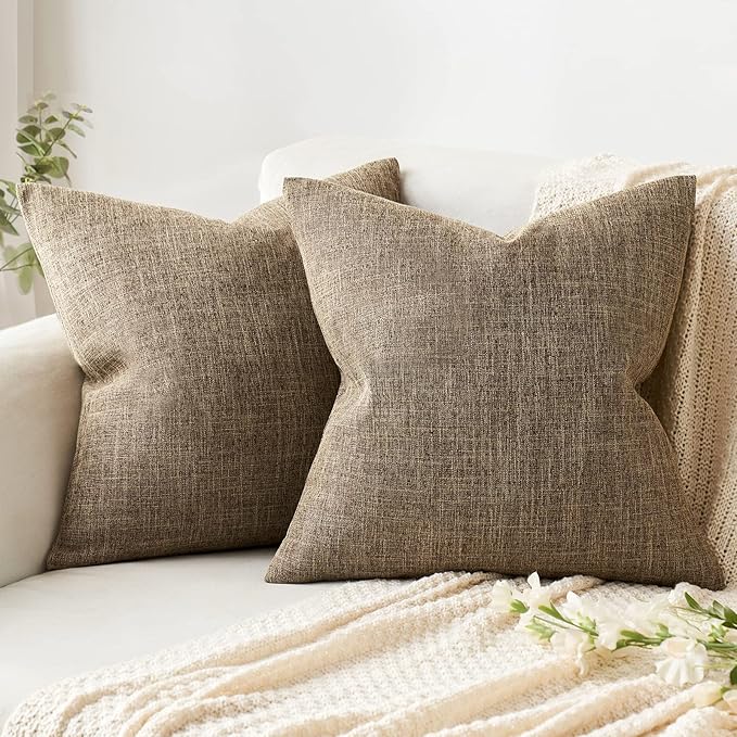 MIULEE Pack of 2 Decorative Linen Burlap Pillow Covers Farmhouse Boho Accent Pillowcases for Sofa Car Couch Bedroom Living Room Decor 18x18 Inch Brown