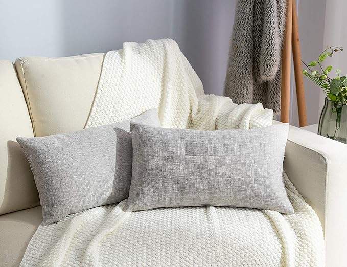 Stellhome Burlap Rectangle Throw Pillow Covers Solid Farmhouse Linen Pillowcase for Home Decoration, Set of 2, 12 x 20 inch (30 x 50 cm), Grey