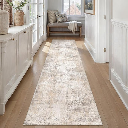 2x10 Washable Runner Rug Beige Grey Abstract Hallway Kitchen Throw Rug Neutral Modern Non Slip Soft Low Pile Carpet for Bathroom Laundry Bedroom Living Room