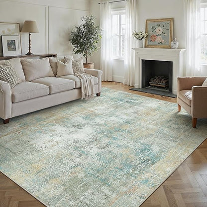 10x14 Area Rug Teal Beige Abstract Living Room Bedroom Washable Carpet Neutral Modern Non-Slip Soft Low Pile Lightweight Vacuumable Large Throw Rug for Dining Room