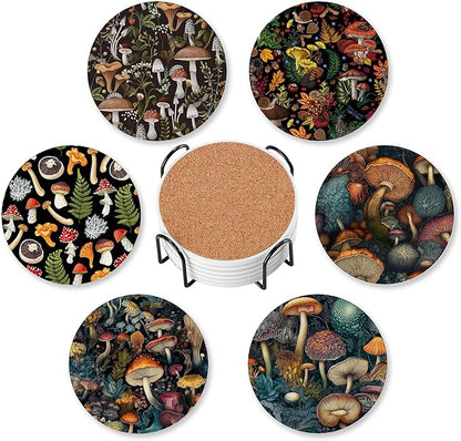 Mushrooms Coasters for Drinks Absorbent with Holder,Spring Leaves Sets of 6 Durable Cup Coaster for Coffee Table Protection,Great Housewarming Birthday Gifts,Home Decor