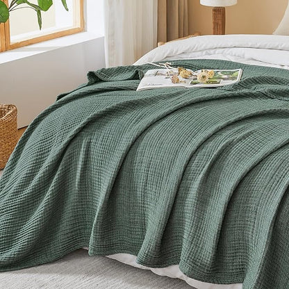 EMME Cotton Muslin Twin XL Blanket Breathable Gauze Soft Lightweight Blankets Adults Gifts for Women (Heather Forest Green, 66"x90")