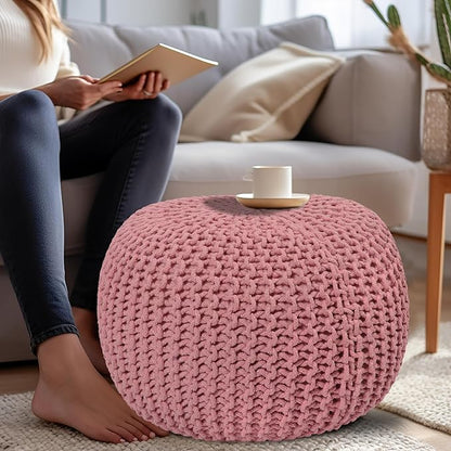 COTTON CRAFT Round Dori Pouf - Cotton Braid Cord Cable Knitted Ottoman - Foot Stool - Footrest - Floor Pouf - Woven Ottoman - Bean Bag - Living Room Dorm - 20 inches Diameter x 14 Height - Blush Pink