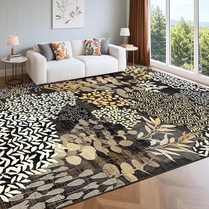 DEXDE 8x10 Area Rug, Soft Washable Abstract Area Rugs Non-Slip Vintage Boho Rug Leaves Floral Print Carpet for Living Room Bedroom Office Dining Room Playroom, Black