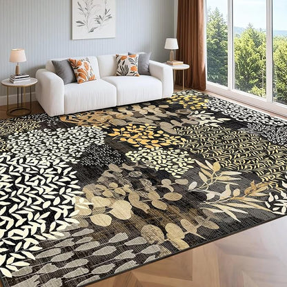 DEXDE 8x10 Area Rug, Soft Washable Abstract Area Rugs Non-Slip Vintage Boho Rug Leaves Floral Print Carpet for Living Room Bedroom Office Dining Room Playroom, Black
