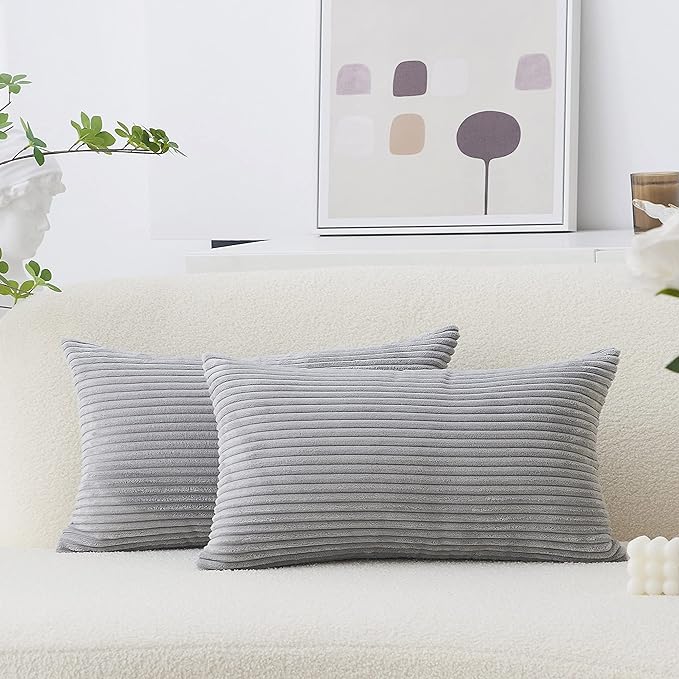 Home Brilliant 12x20 Lumbar Pillow Covers Set of 2 Plush Velvet Corduroy Striped Rectangular Throw Pillow Cover Gray Pillow Case for Kid's Room Lumbar Suppport Pillows, 12 x 20 inch, Light Grey