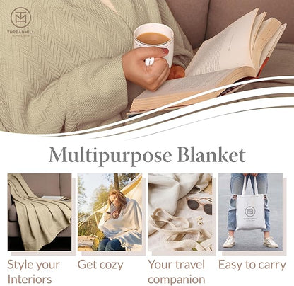 Threadmill Luxury Cotton Blankets for King Size Bed | All-Season Cozy 100% Cotton King Size Blanket | Herringbone Soft Fall Thermal Blanket fits California King Size Bed, 106x92 | Beige
