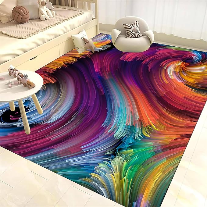 Modern Abstract Decorative Rugs - Washable, Non-Slip, Colorful Lines Swirl Design - Soft Indoor Rugs for Living Room, Dining Room, Bedroom, Office, Bathroom - 3x5ft