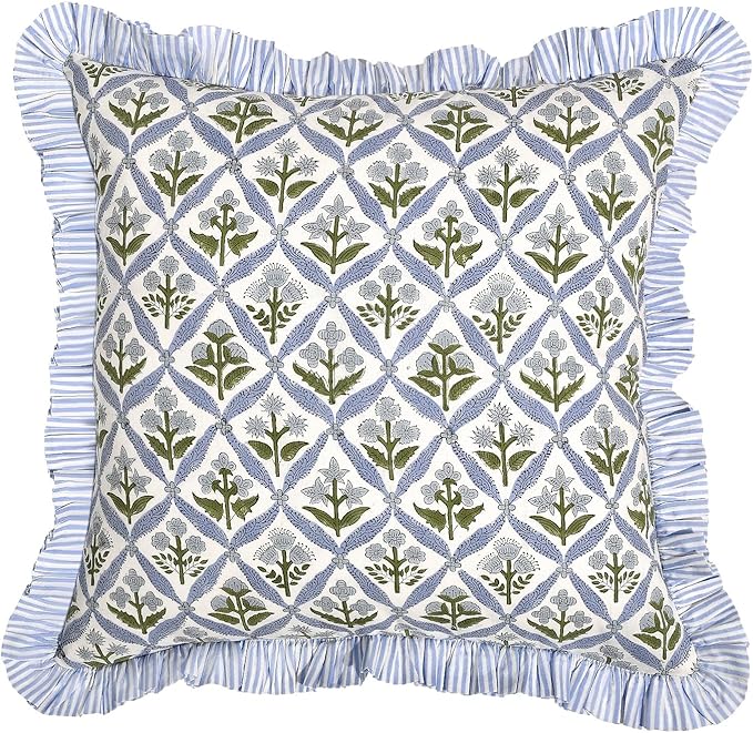 Ridhi Modern Farmhouse Pillow Covers Decorative Cotton Throw Pillow Covers Set of 2 Light Steel Blue Cushion Covers with Ruffle for Couch Sofa Bed Living Room Spring Home Decor 18x18