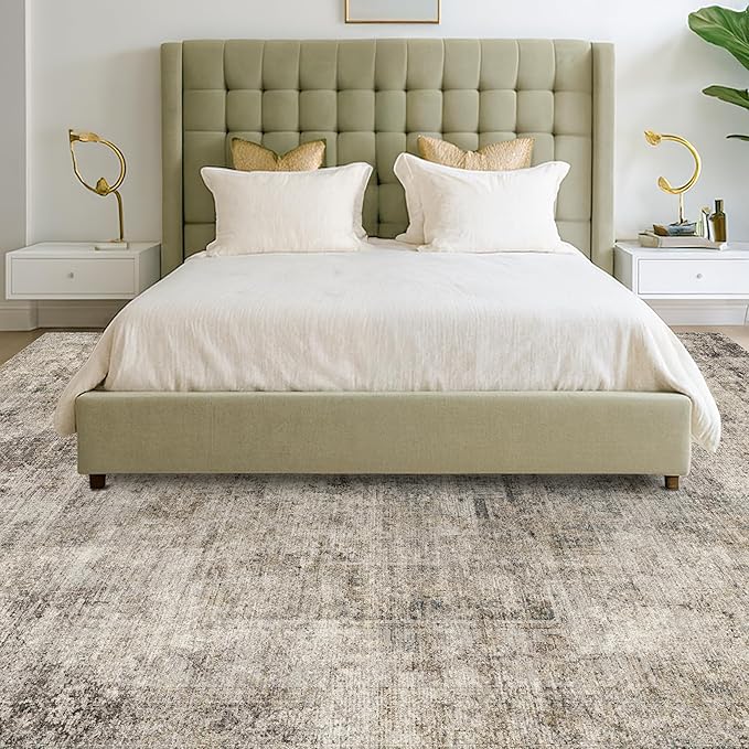 Taupe Brown Big Rugs for Living Room 9x12 - Mordern Farmhouse Rustic Large Rug for Dining Room, Bedroom, Washable Foldable Dark Academy Décor