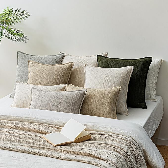 a moment Linen Pillow Covers Set of 2,Boho Farmhouse Throw Pillowcases Neutral Textured Decorative Covers for Couch Sofa,Linen Blend Accent Case Cushion Living Room Home Decor 20"x12"Dark Green