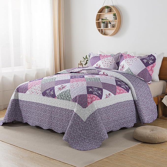 HoneiLife Quilt Sets Twin Size - 100% Microfiber Quilt Set, 2-Piece Lightweight Bedspreads Reversible Coverlets Rustic Bed Cover Twin Quilt Bedding Set All Season Quilts-Purple
