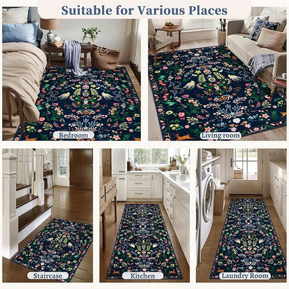 Tangsoo Runner Rug for Hallways Kitchen Rug, Non Slip 2x6 Washable Boho Nature Floral Animal Rug Runner for Entryway, Low Pile Carpet Door Mat Indoor Entrance for Kids Room Bedroom Laundry Office