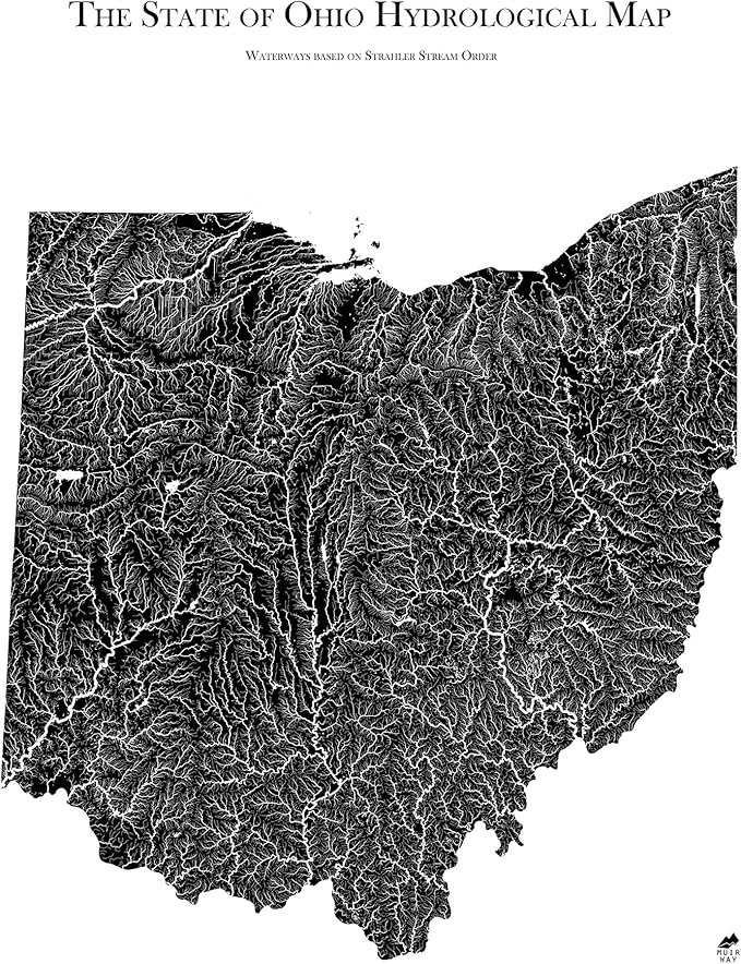 Muir Way Hydrological River Map of Ohio - Watershed Topographic Wall Art for Home, Office, or Travel Decor - Unframed Flat Paper Print, 18x24