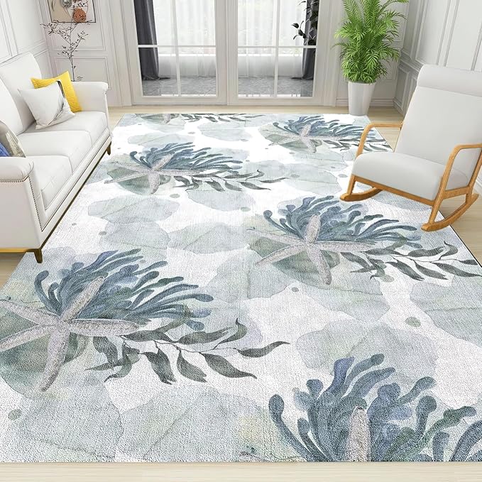 Starfish Seaweed Coral Area Rug, Sea Plants Non Slip Noise Reduction Kids Rugs, Machine Washable Durable Carpet for Indoor Bedroom Living Room Office Decor Rug - 4 ft x 5 ft