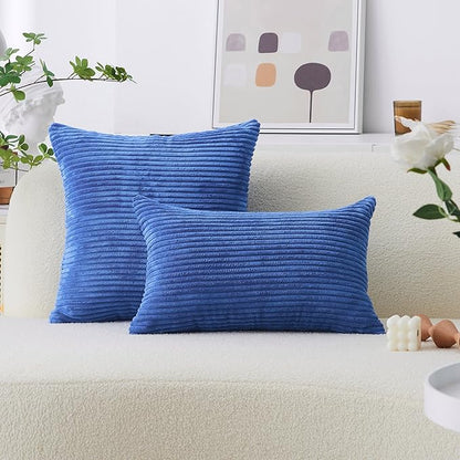 Home Brilliant Blue Decorative Pillows Large Throw Pillow Cover for Couch Bench 2 Packs Striped Velvet Floor Pillow Covers, 55x55cm, 22 x 22 Inch, Blue