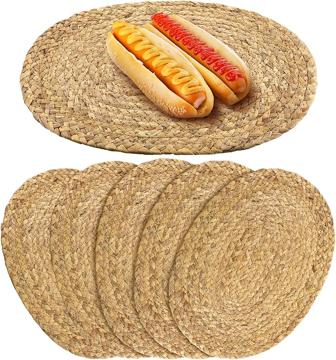 Bencailor 6 Pcs Jute Woven Placemats Natural Braided Placemats Heat Resistant Decorative Table Mats Set of 6 Boho Vintage Table Mats for Christmas Home Dining Kitchen Parties Decoration(Oval)