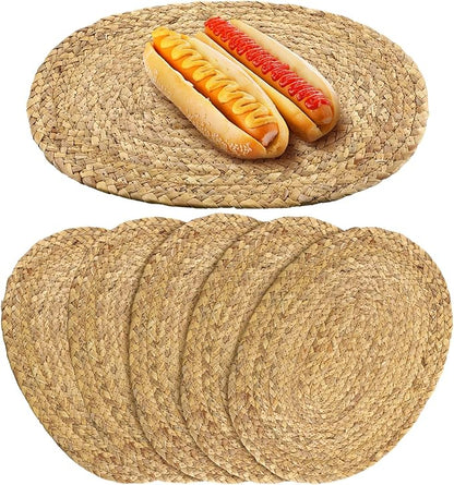 Bencailor 6 Pcs Jute Woven Placemats Natural Braided Placemats Heat Resistant Decorative Table Mats Set of 6 Boho Vintage Table Mats for Christmas Home Dining Kitchen Parties Decoration(Oval)