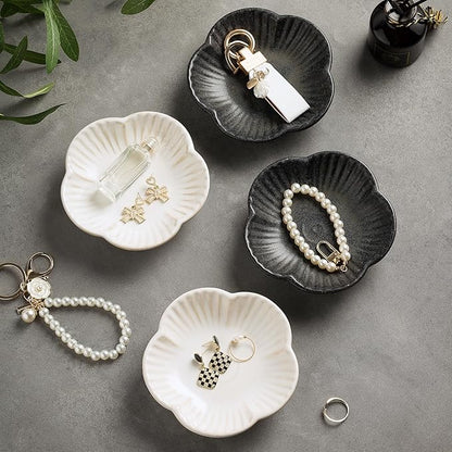 Flower Shape Ring Tray Jewelry Dish Key Bowl Ceramic Trinket Tray Decorative Jewelry Dish for Rings Necklace Earring Key Watch Home Decoration for Friend Sister Mom(White)