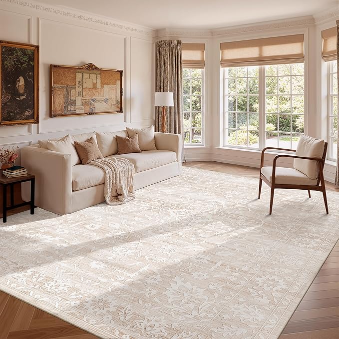 10x14 Area Rugs for Living Room Large Washable Rugs for Bedroom Floral Vintage Non-Slip Thin Area Rug Indoor Home Office Decor Beige