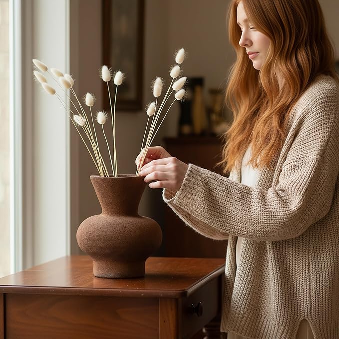 5.5IN Small Rustic Ceramic Flower Vase Home Decor, Vintage Stoneware Clay Pottery Terracotta Textured for Modern Farmhouse, Living Room, Office Desk Table Shelf(Brown)
