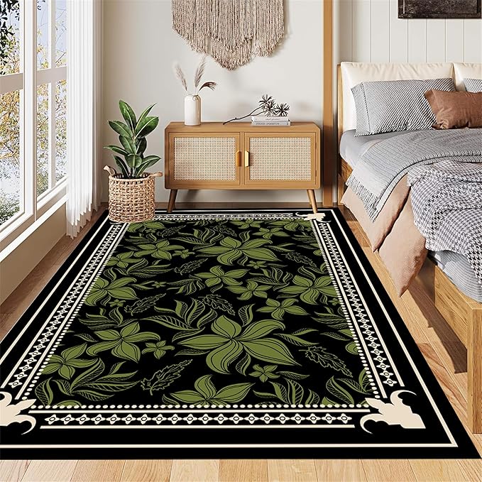 Retro Botanical Print Area Rug 4x5ft, Black and Green Large Washable Carpet, Non-Slip Low Pile Mat for Living Room, Dining Room, Bedroom, Nursery