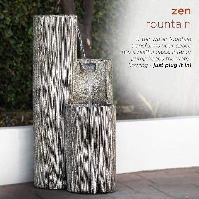 Alpine Corporation GIL1482 41” Outdoor 3-Tiered Weathered Stone Water Fountain with Natural Stone Look - Garden Water Feature for Patio, Lawn & Yard Decoration, Gray