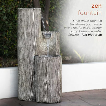 Alpine Corporation GIL1482 41” Outdoor 3-Tiered Weathered Stone Water Fountain with Natural Stone Look - Garden Water Feature for Patio, Lawn & Yard Decoration, Gray