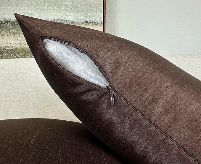 Aiking Home Collection 26x26 Inches Faux Silk Square European Shams, Zipper Closure, Brown (Set of 2)