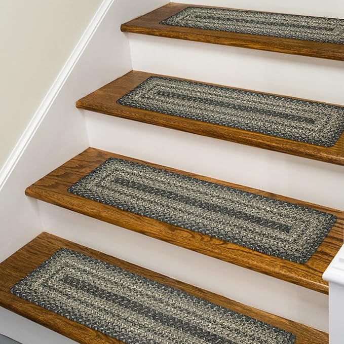 Homespice Flint Hill Jute Braided Stair Tread, Warm Primitive Decor, Set of 13, Grey 8x28 Rectangle Rugs for Stairs - Easy to Clean, Tightly Stitched and Durable