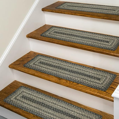 Homespice Flint Hill Jute Braided Stair Tread, Warm Primitive Decor, Set of 13, Grey 8x28 Rectangle Rugs for Stairs - Easy to Clean, Tightly Stitched and Durable