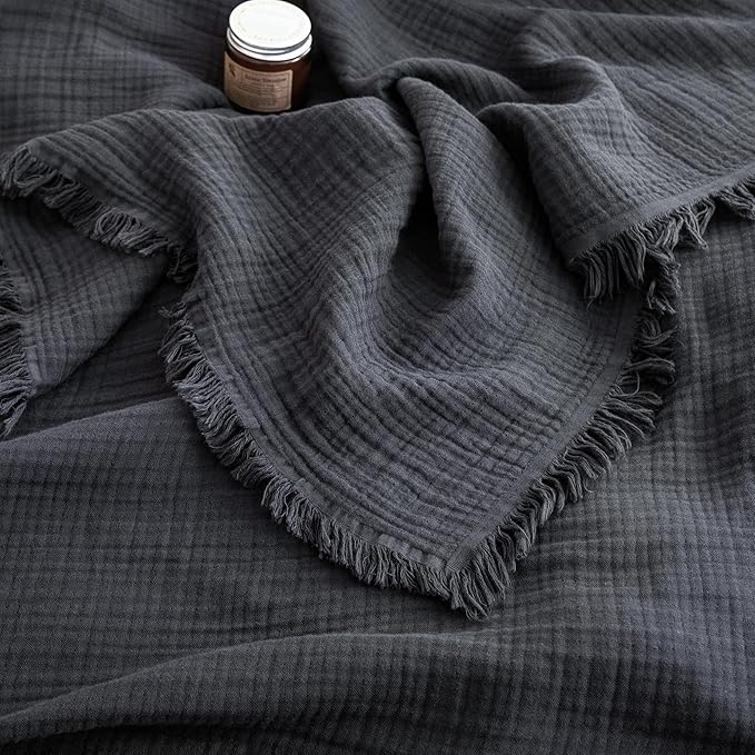 FOSSA Muslin Blanket with Fringe - 4-Layer 100% Cotton Gauze Super Soft & Breathable Throw -Lightweight Decorative Cooling Blanket for Bed, Sofa, Office (Dark Gray, King (104" × 90"))