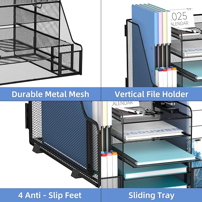 SUPEASY 5-Tier Mesh Desk Organizer with File Holder & Bookends, Metal Paper Letter Tray Organizer with 2 Pen Cups, Large-Capacity Desktop File Sorter for Home Office/School, Black