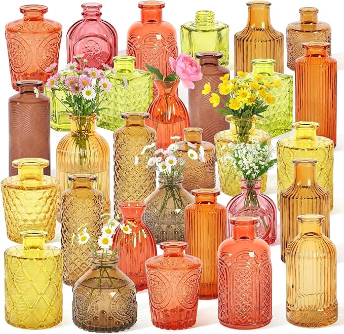 Set of 30 Gold Colored Glass Bud Vases - Small Textured Flower Vases for Centerpieces, Wedding Table Decor, Retro Home Decor Bulk Vase Set for DIY, Events & Gifts