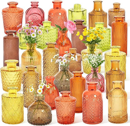 Set of 30 Gold Colored Glass Bud Vases - Small Textured Flower Vases for Centerpieces, Wedding Table Decor, Retro Home Decor Bulk Vase Set for DIY, Events & Gifts